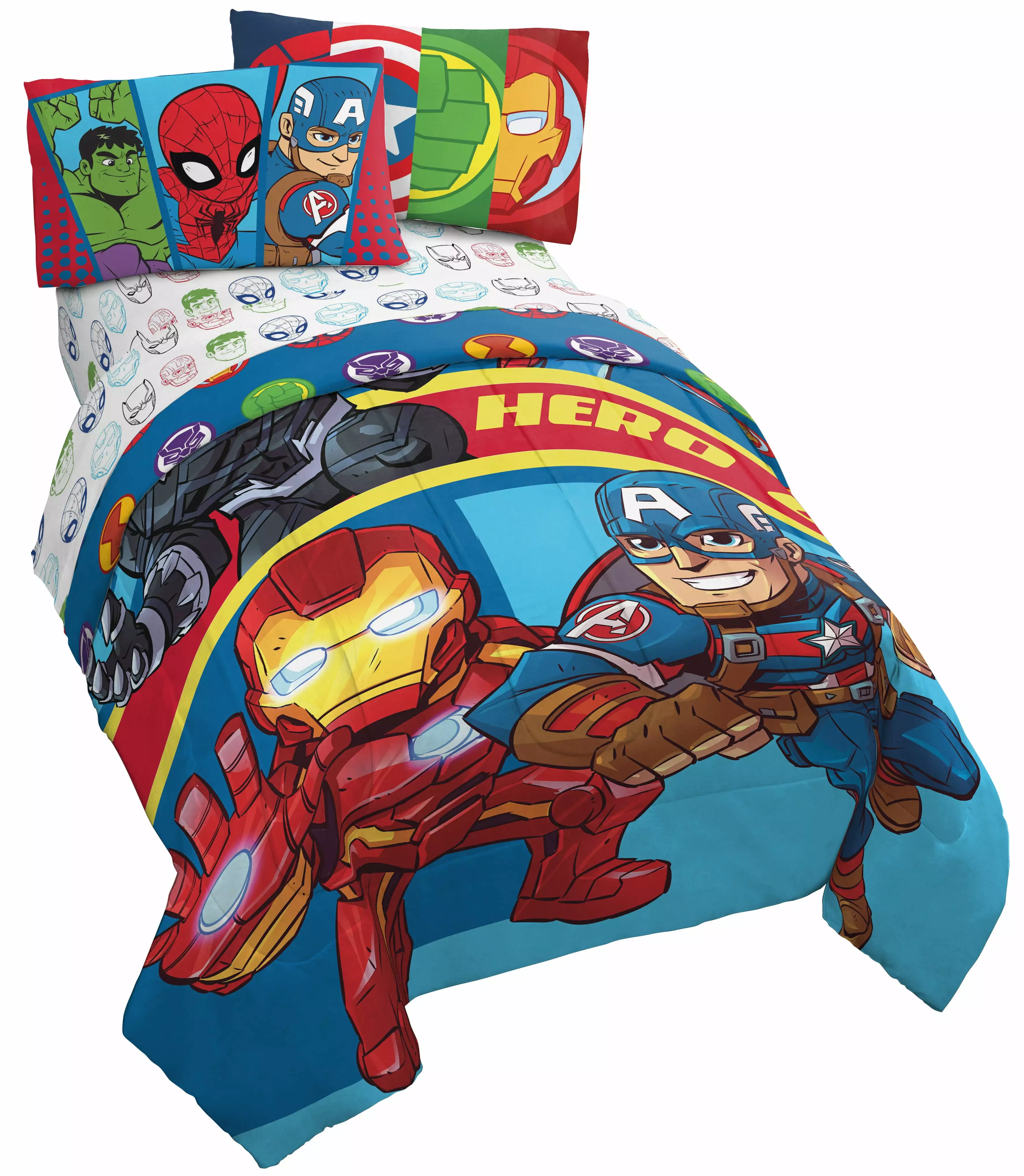 Super Hero Adventures Double Team Kids 4 Piece Twin Bed Set. 100% Microfiber. Blue