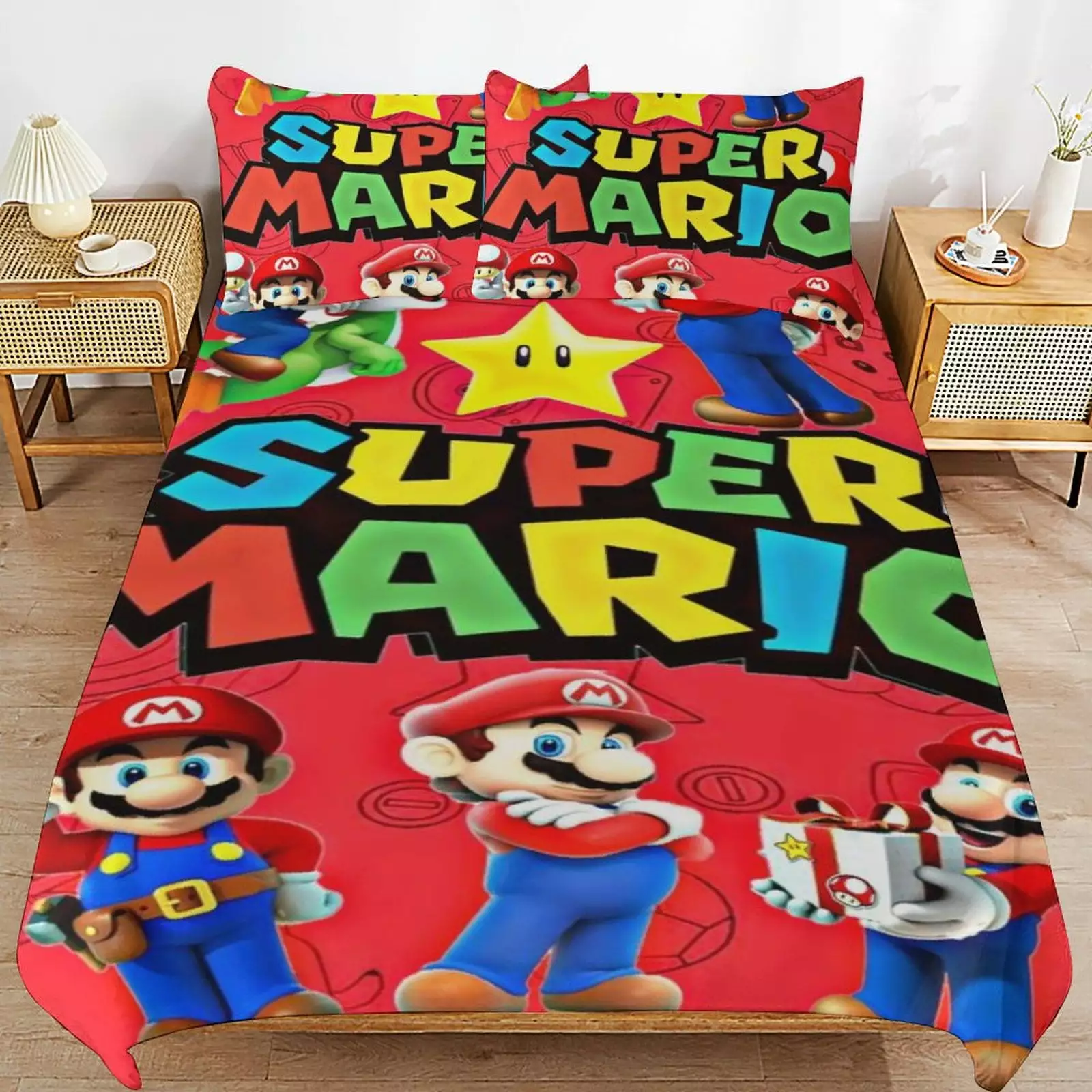 Super Mario Bed Duvet Cover Microfiber Bedding Sets 3D Printed Lightweight 3 Piece Comforter Sets. 1 Duvet Cover And 2 Pillow Shams for Kids Boys Girls 86x70