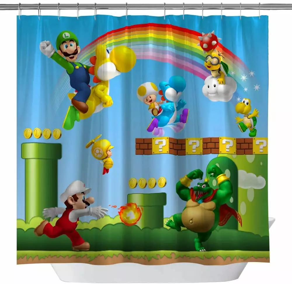 Super Mario Shower Curtains Cartoon for Kids Children Boy. 3D Print Decor Fabric Curtains Sets with Hooks. 71 x 71 Inch Blue