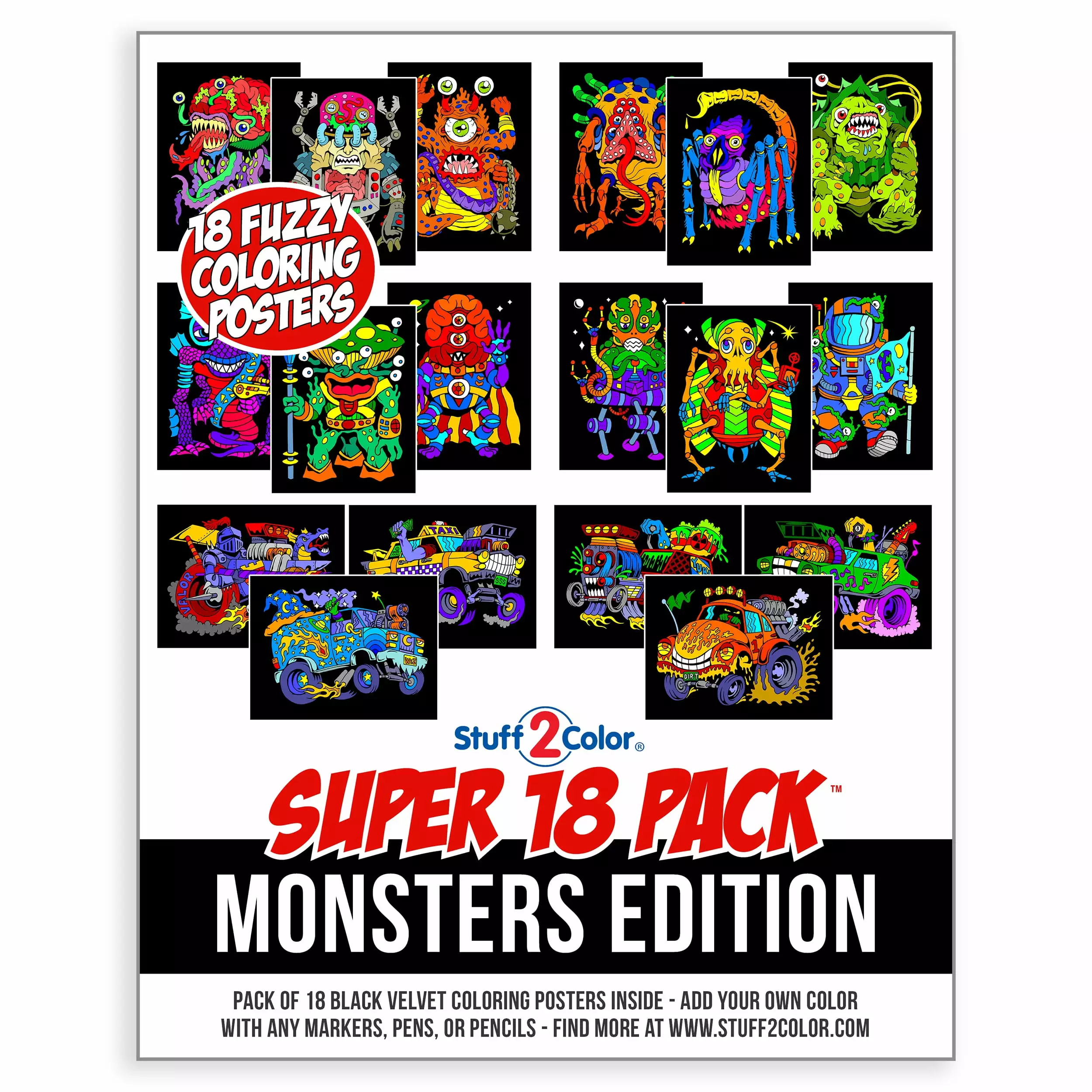 Super Pack of 18 Fuzzy Velvet 8x10 Inch Posters (Monsters Edition) - Stuff2Color