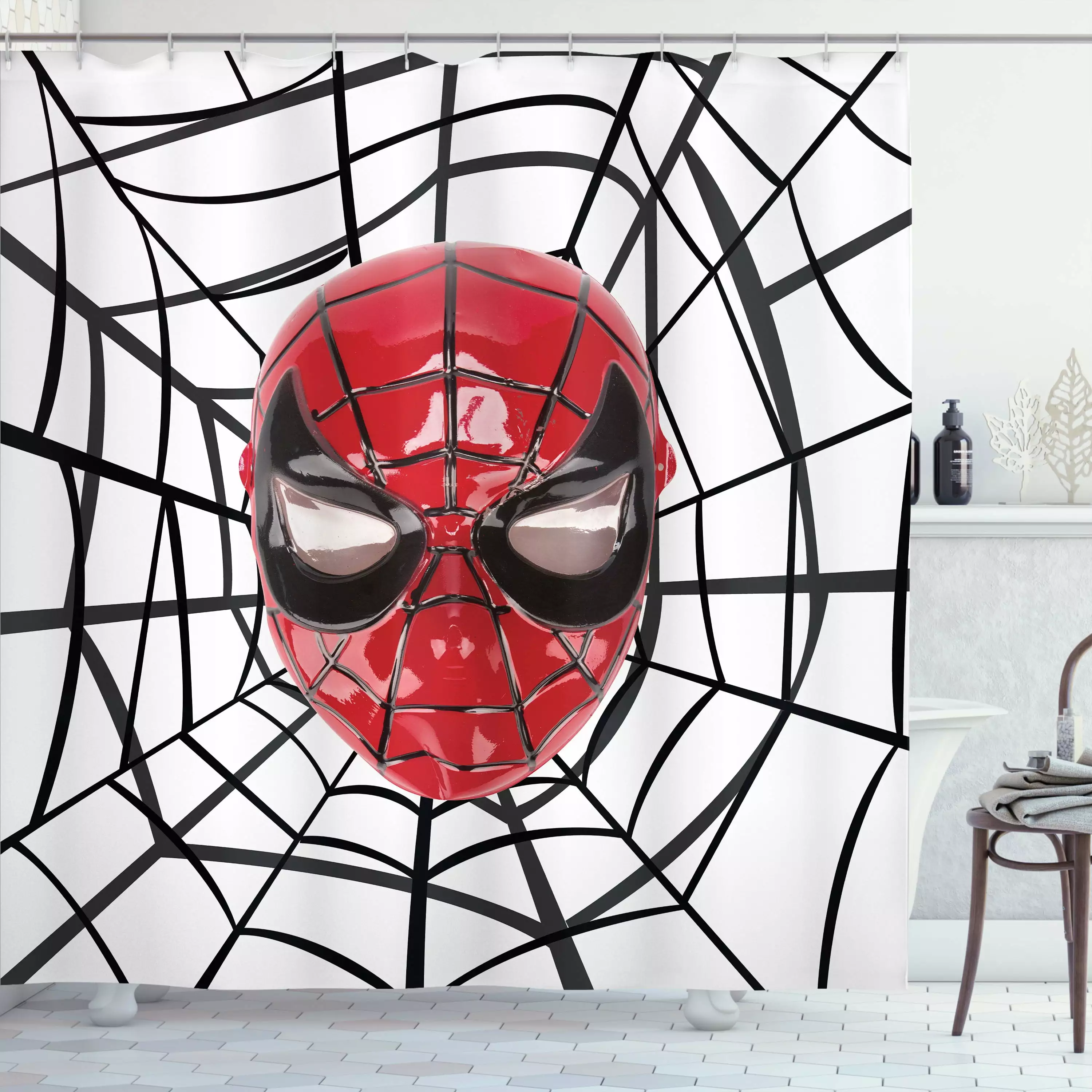 Superhero Shower Curtain. Hero Mask with Spider Eyes and Web Print Fun Kids Cartoon Character Image. Fabric Bathroom Set with Hooks. 69W X 70L Inches. White Red Black. by Ambesonne