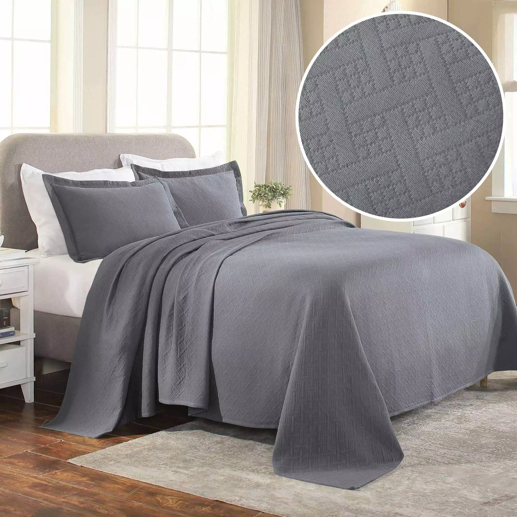 Superior 100% Cotton Basket Weave Bedspread 3 Piece Set. Full. Silver