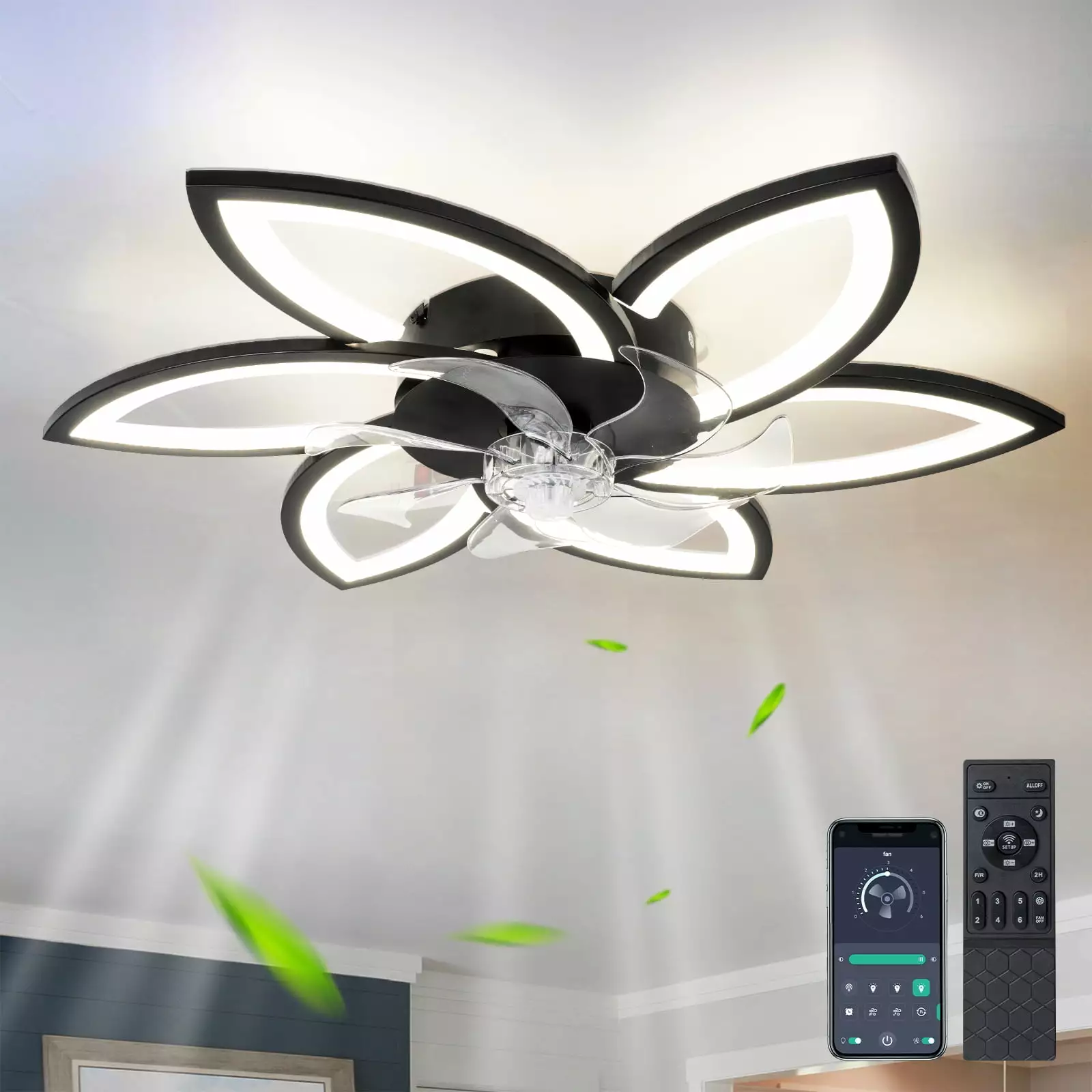 Surnie Ceiling Fan with Lights Remote Control. Wooden Geometric Ceiling Fan with Light. 3 Light Color 6 Speeds Low Profile Flush Mount Ceiling Fan for Kitchen Bedroom Living Room-Black