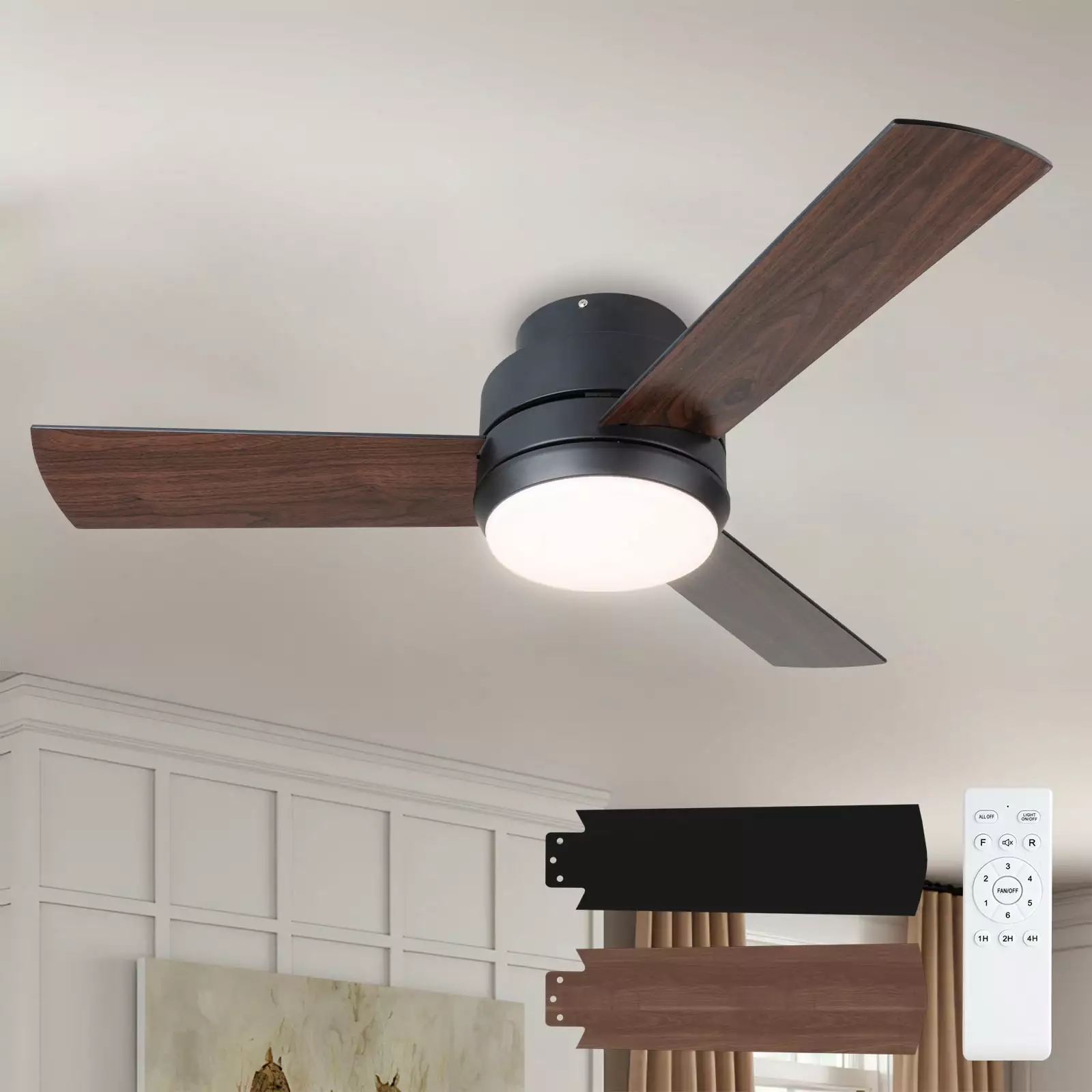 Surnie Ceiling Fans with Lights. 42 inch Low Profile Ceiling Fan with Light and Remote Control. Flush Mount. Reversible. 3CCT. Dimmable. Noiseless. Black Ceiling Fan for Bedroom. Indoor/Outdoor Use