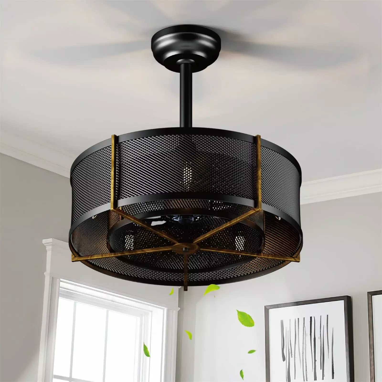 Surnie Ceiling Fans with Lights. Mesh Caged Ceiling Fan with Light. Black Ceiling Fan with Light for Bedroom. Living Room