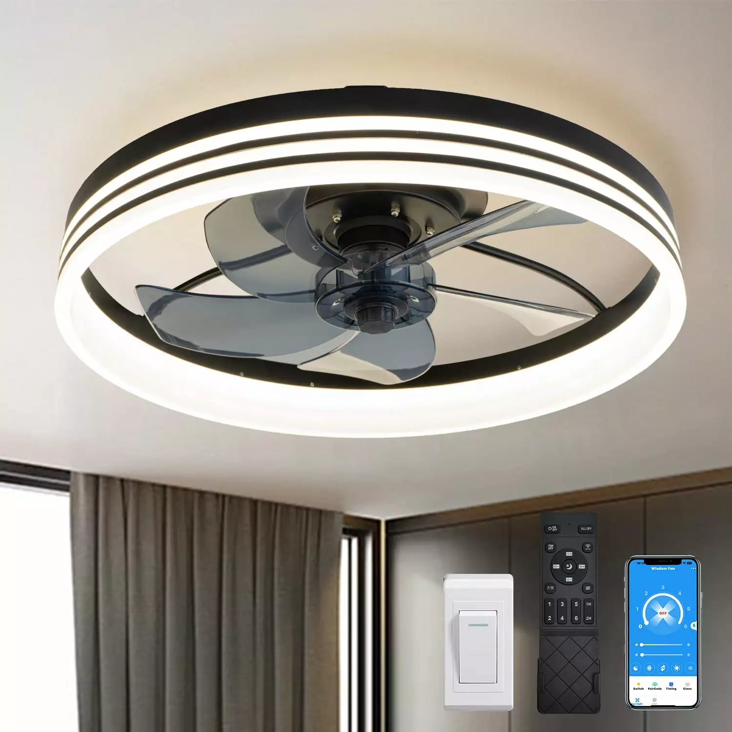 Surnie Ceiling Fans with Lights. Flush Mount Ceiling Fan with Lights and Remote. 6 Wind Speeds Smart Low Profile Ceiling Fan for Bedroom. Kids Room and Living Room 20 (Black)