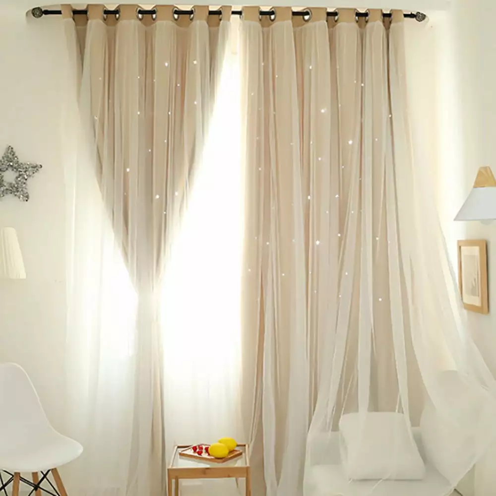 TERGAYEE Starry Sky Sheer Curtain.Double-Layer Tulle Overlay Grommet Top Window Treatment Star Cut Out Blackout Curtains for Home Living Room.child's room Decor