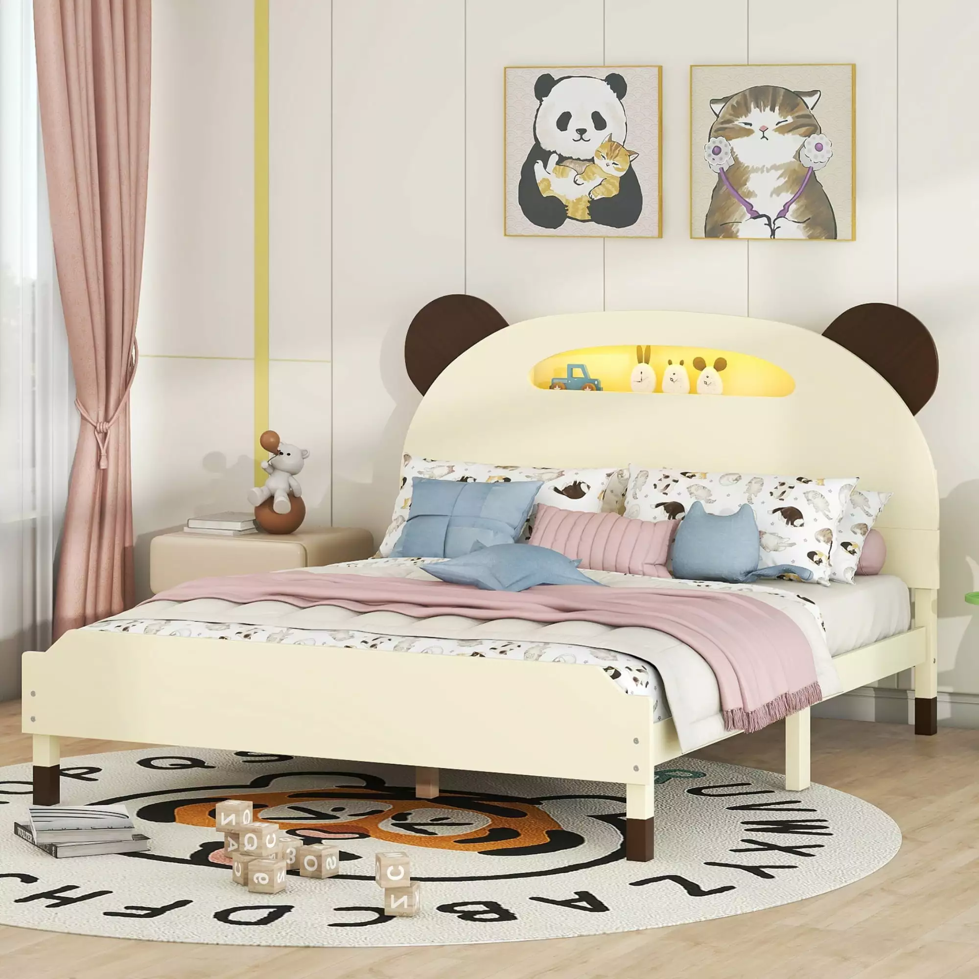 THINK 30.Full Size Wood Platform Bed with Bear-shaped Headboard.Bed with Motion Activated Night Lights.Cream+Walnut