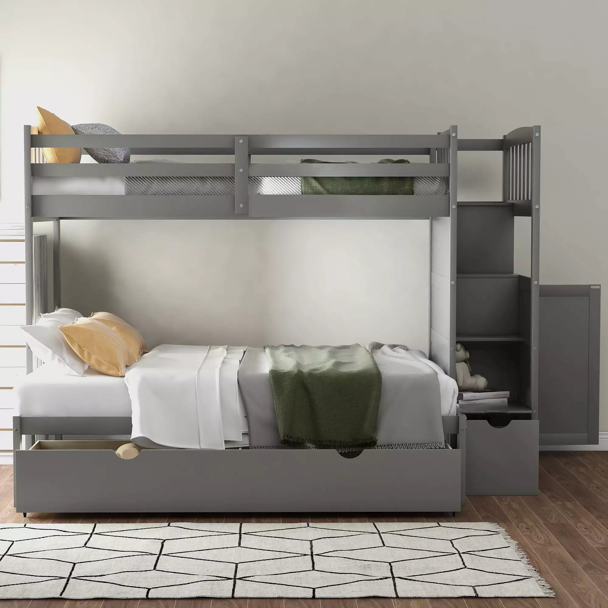 THINK 30.Twin Over Twin Bunk Beds with Staircase and Drawers for Kids. Wooden Twin Over Full Stairway Bunk Bed with Storage Cabinet and Convertible Bottom Bed for Bedroom