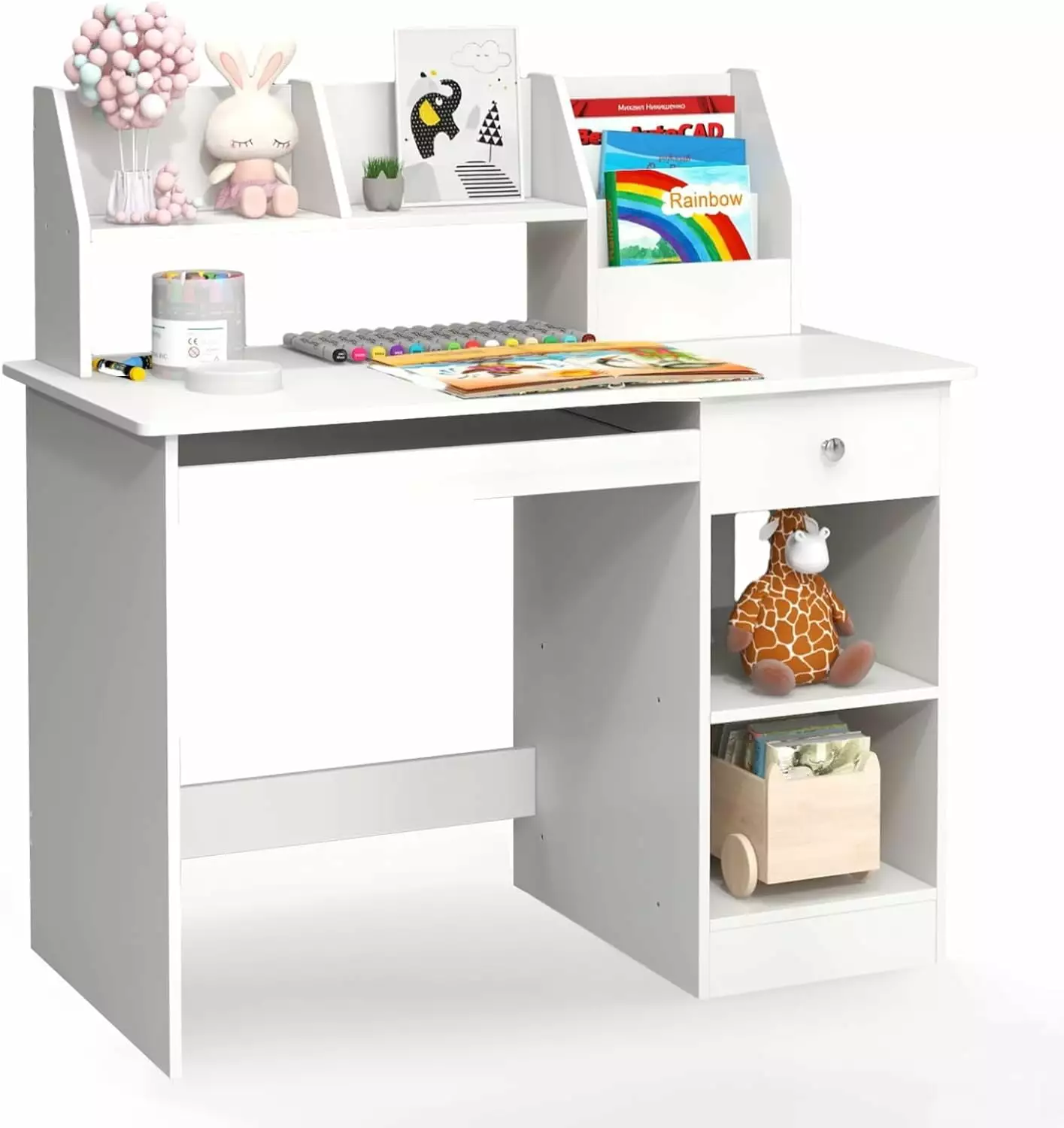 TJUNBOLIFE Study Desk Children Wooden Computer Desk with Hutch Bookshelf Keyboard Tray Drawer Shelves Student Writing Table Computer Workstation for Home School Use White