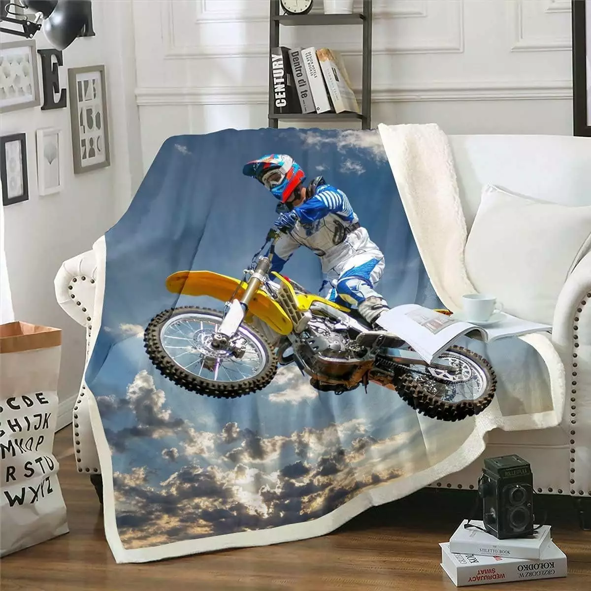 TRAHOO-60*50in Motocross Printed Fleece Blanket Blanket 3D Cycling Model Printed Flannel Blanket Soft And Warm Double-Sided Fleece Blanket Suitable For Bed Sofa Camping And Travel