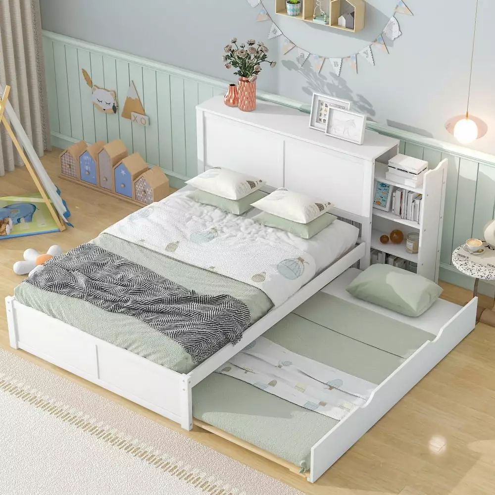 TRIPLE TREE Full Platform Bed Frame with Storage Headboard. Pine Wood Storage Bed with Twin Trundle and Pull-out Shelves for Kids Adults Bedroom. No Box Spring Required. White