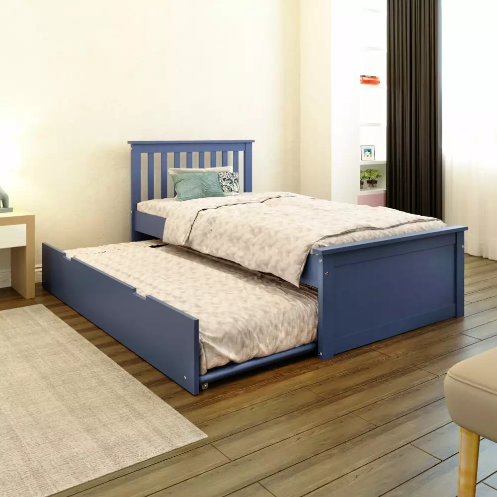 TRIPLE TREE Twin Platform Bed with Twin Size Pull-out Trundle. Solid Wood Bed Frame with Headboard. Modern 2-in-1 Beds for Kids Adults Bedroom. Blue