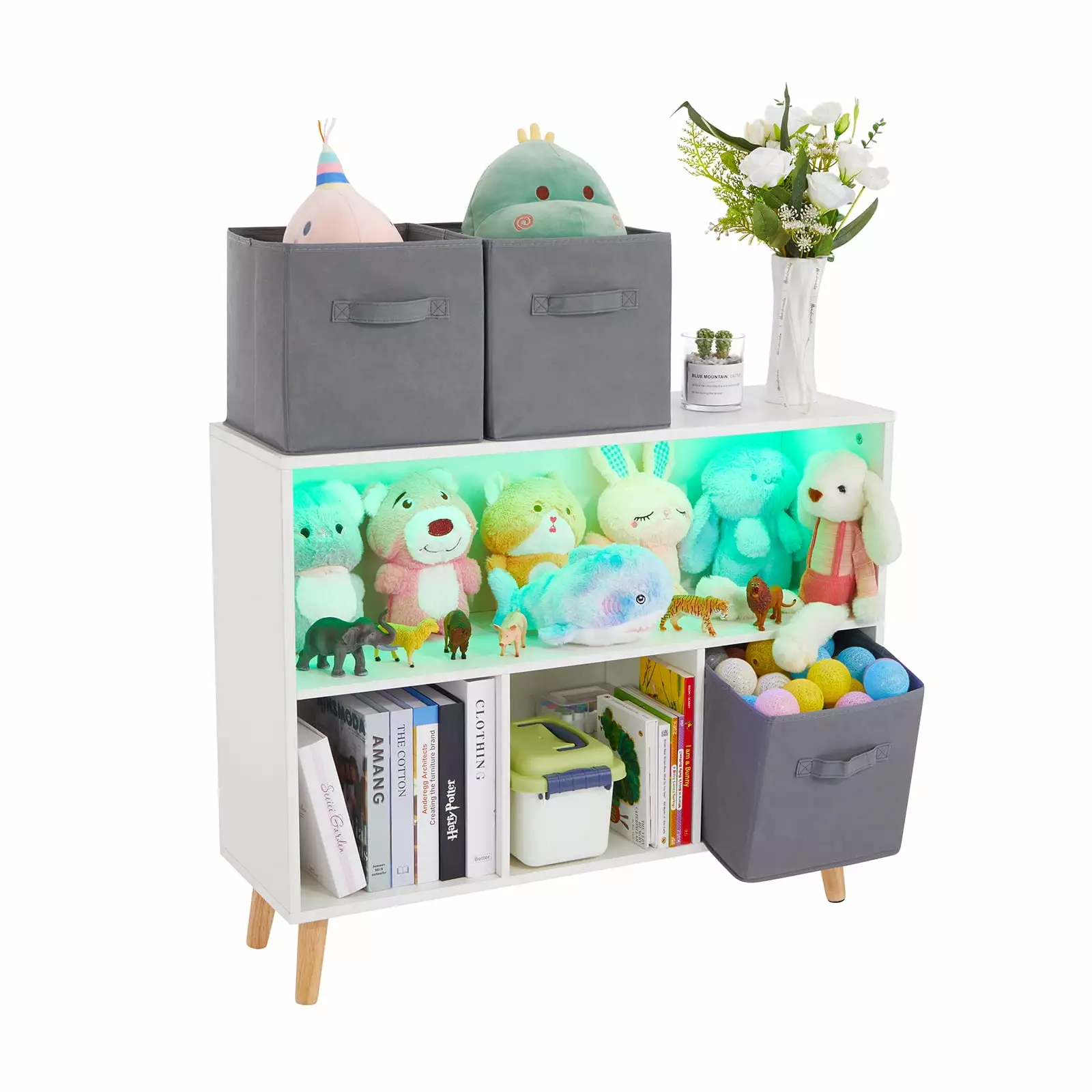 TROOPVILLE LED Kids Bookcase with Collapsible Fabric Drawers. Kids Bookshelf. Toy Storage Organizer in Playroom. Nursery or Children's Room (Grey)