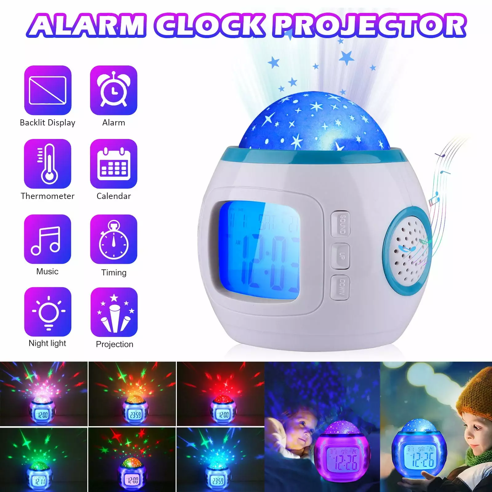 TSV Starry Sky Alarm Clock Projector. Sky Star Night Light Projection Lamp. Bedroom Clocks with Music Snooze Backlight Calendar Thermometer. Birthday Gift for Boys Girls