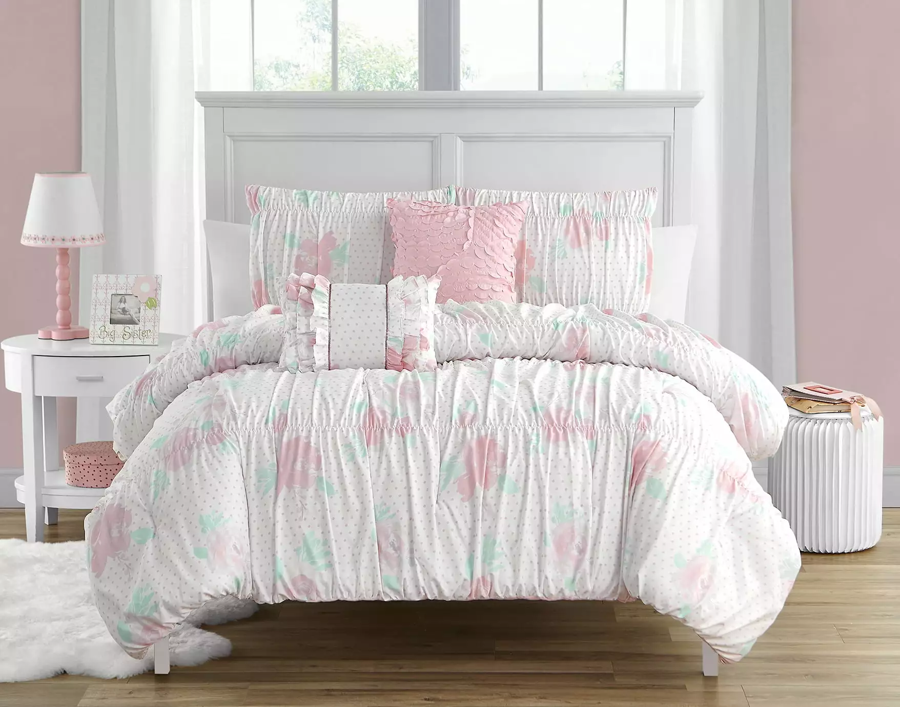 Tabitha Smocked Pink 4-Piece Microfiber Comforter Set - Twin