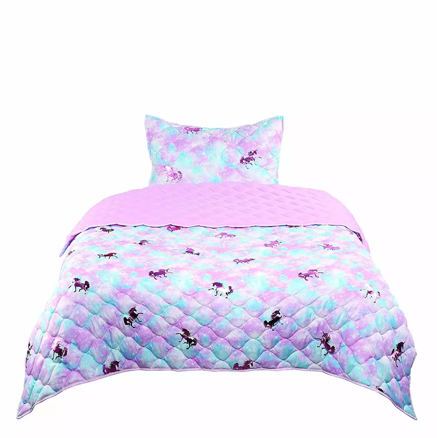 Tadpoles Girls Unicorn Quilt Set. Twin Size. Pink. Blue. Metallic Pink