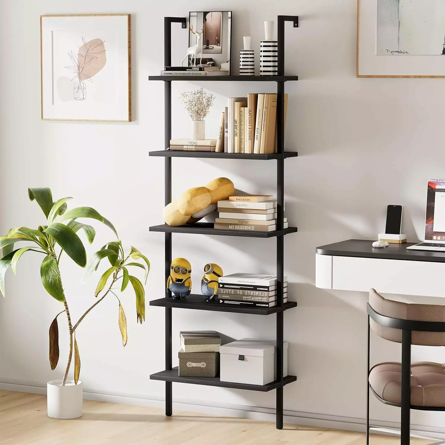 Tcbosik 5 Tiers Ladder Shelf .Modern Bookshelf. Open Tall Wall Mount Bookcase Standing. Wall Shelves Industrial Decorative For Living Room Home Office Kitchen . Walnut & Black