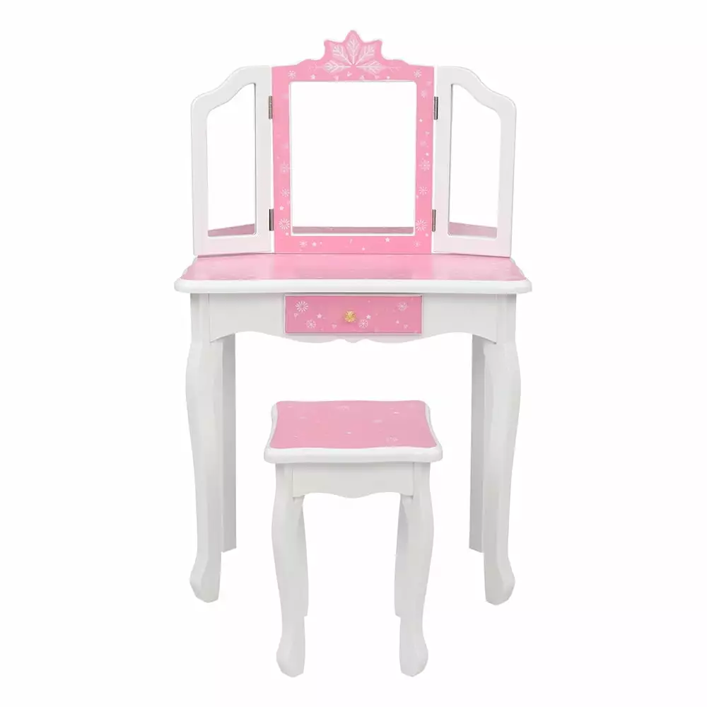 Tcbosik Children's Wooden Dressing Table Set with Stool and Tri-Folding Mirror. Kids Vanity Set for Little Girls. Pink