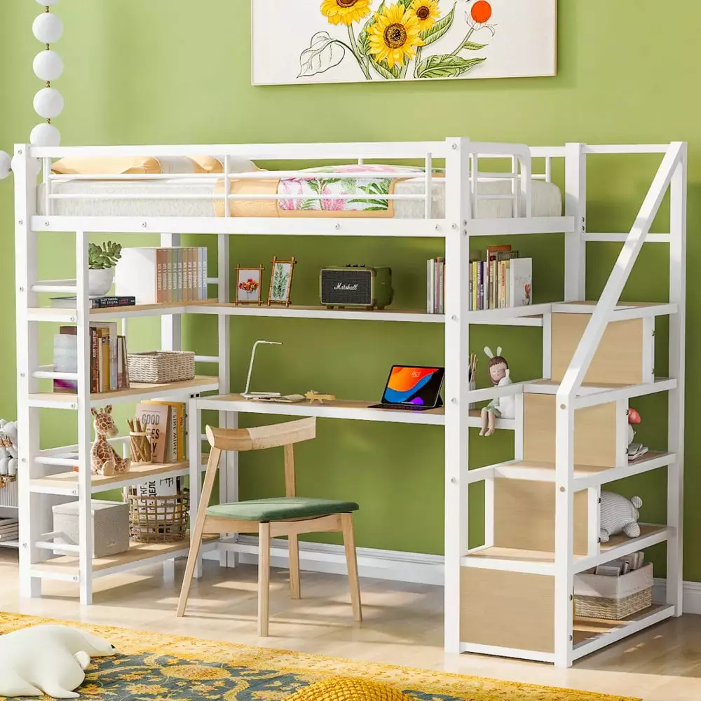 Tcbosik Metal Loft Bed Twin Size with Desk. 4-Tier Shelf and Storage Staircase. White and Oak