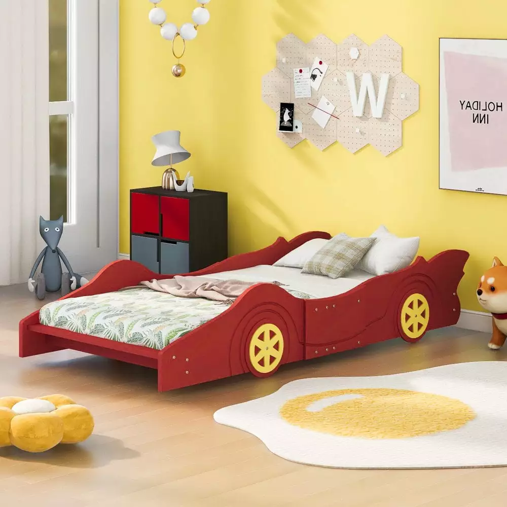 Tcbosik Race Car-Shaped Platform Bed for Kids Boys Girls. Twin Size Fun Play Platform Kids Bed with Wheels. Strong Wood Slat Support. Safety Guaranteed. Red