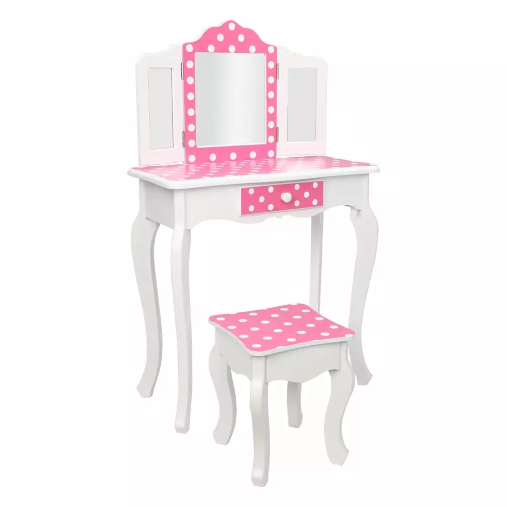 Tcbosik Three-Fold Mirror Single-Drawing Curved Foot Children Dressing Table. Pink - White Dots Type