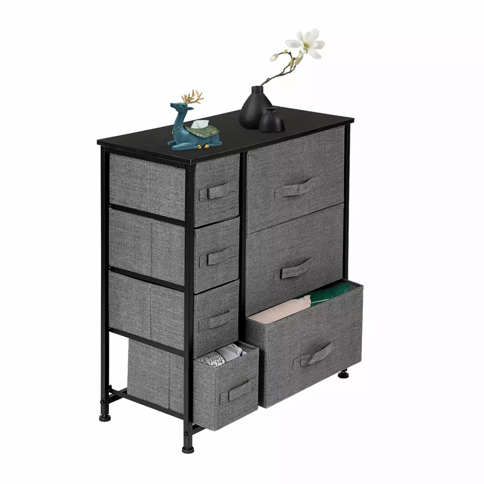 Tenozek Modern Dresser With 7 Drawers Furniture Storage Tower Unit For Bedroom and Office -Steel Frame. Wood Top. Easy Pull Fabric Bins. (Grey)