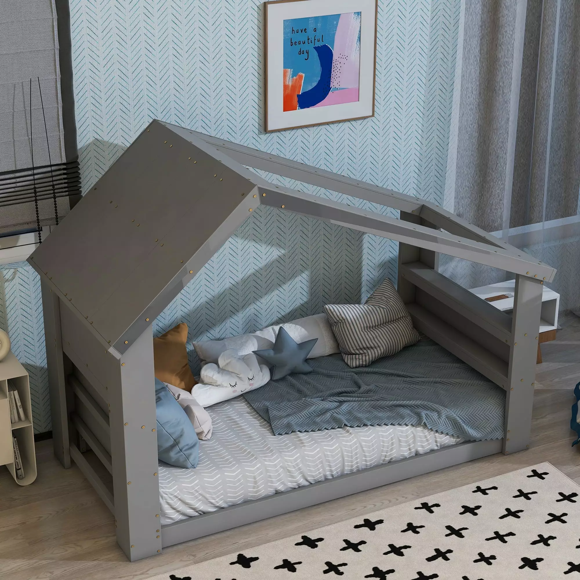 Tenozek Toddler Size House Floor Bed with Roof Window. Solid Wood Frame Toddler Bed with LED Light Strip for Kids Teens Girls Boys. Gray