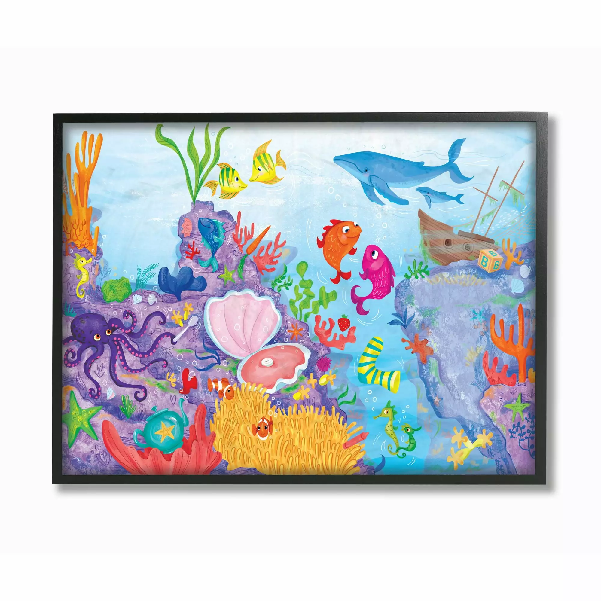 The Kids Room by Stupell Colorful Ocean Sea Life Fish Blue Purple Kids Nursery Painting Framed Wall Art by The Saturday Evening Post