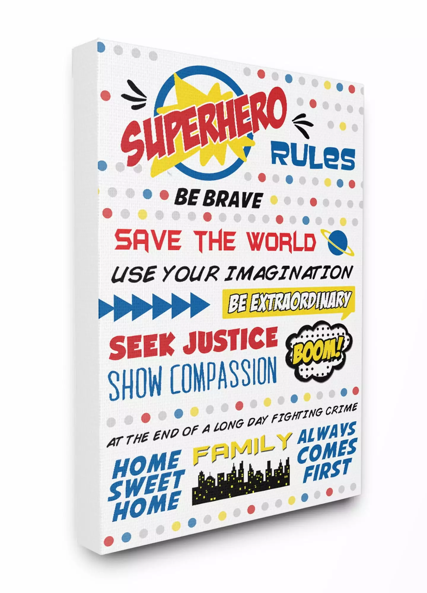 The Kids Room by Stupell Comic Book Dots Super Hero Rules Typography Stretched Canvas Wall Art. 16 x 1.5 x 20