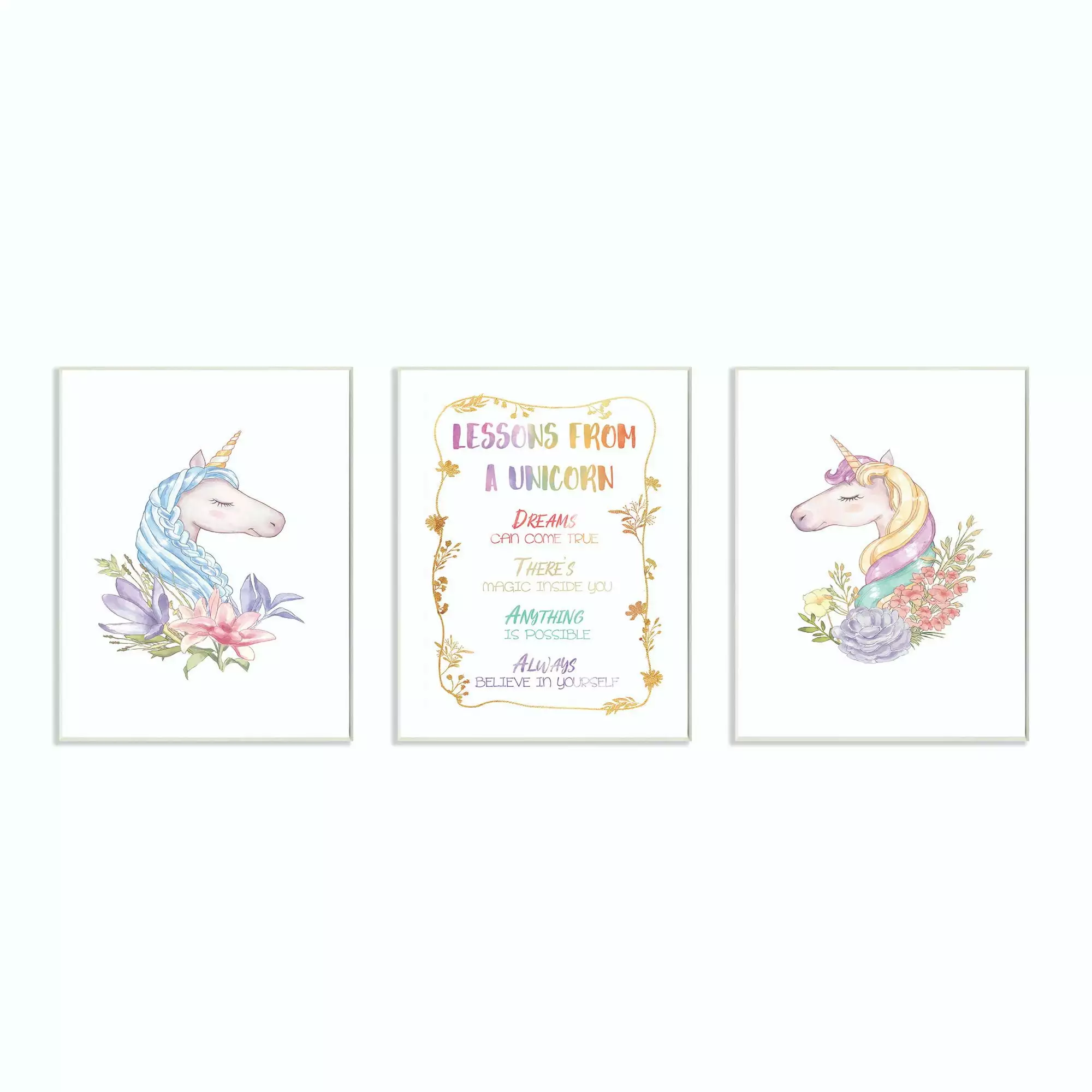 The Kids Room by Stupell Lessons From A Unicorn Portraits Rainbow Gold Kids Nursery Word Design Wall Plaque by Ziwei Li