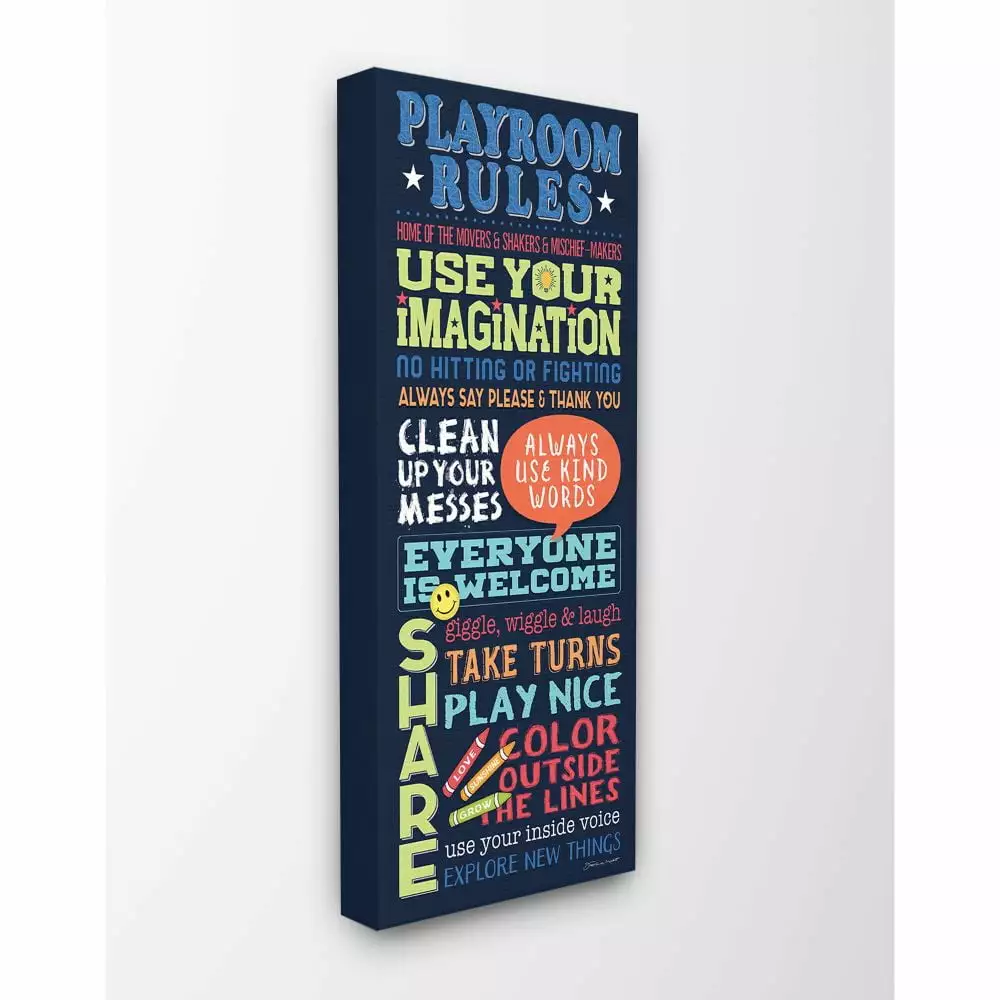 The Kids Room by Stupell Playroom Rules Colorful Typography Navy Blue Green and Red Canvas Wall Art