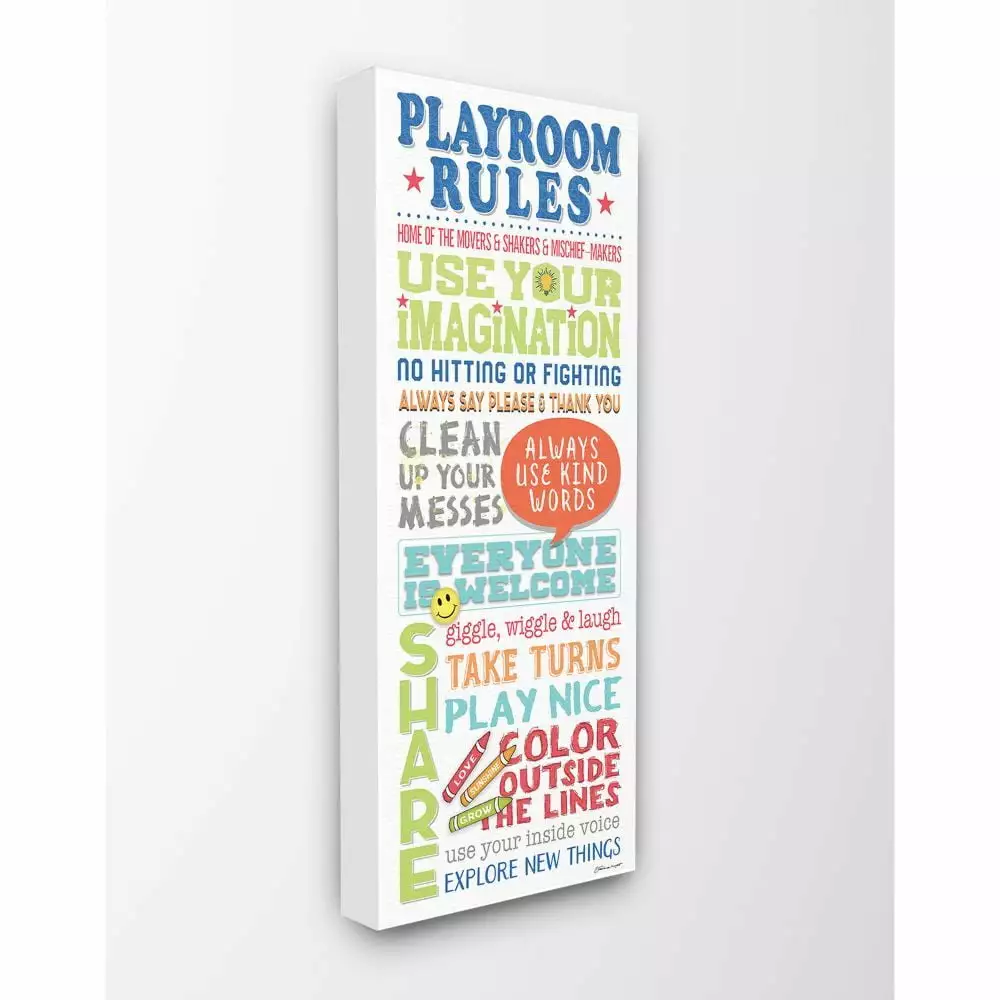 The Kids Room by Stupell Playroom Rules Colorful Typography White Blue Green and Red Canvas Wall Art