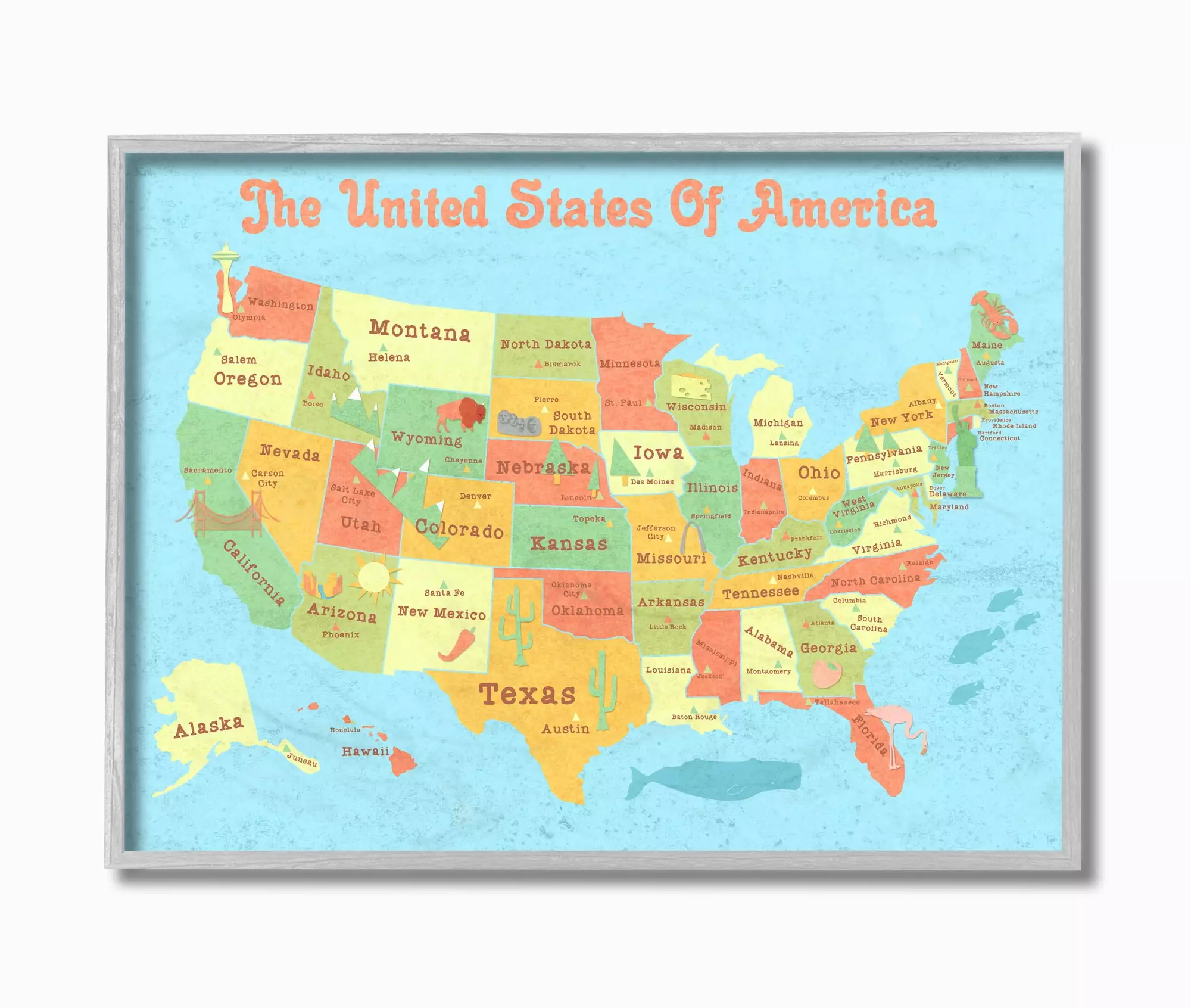 The Kids Room by Stupell United States of America USA Kids Map Framed Wall Art by Daphne Polselli