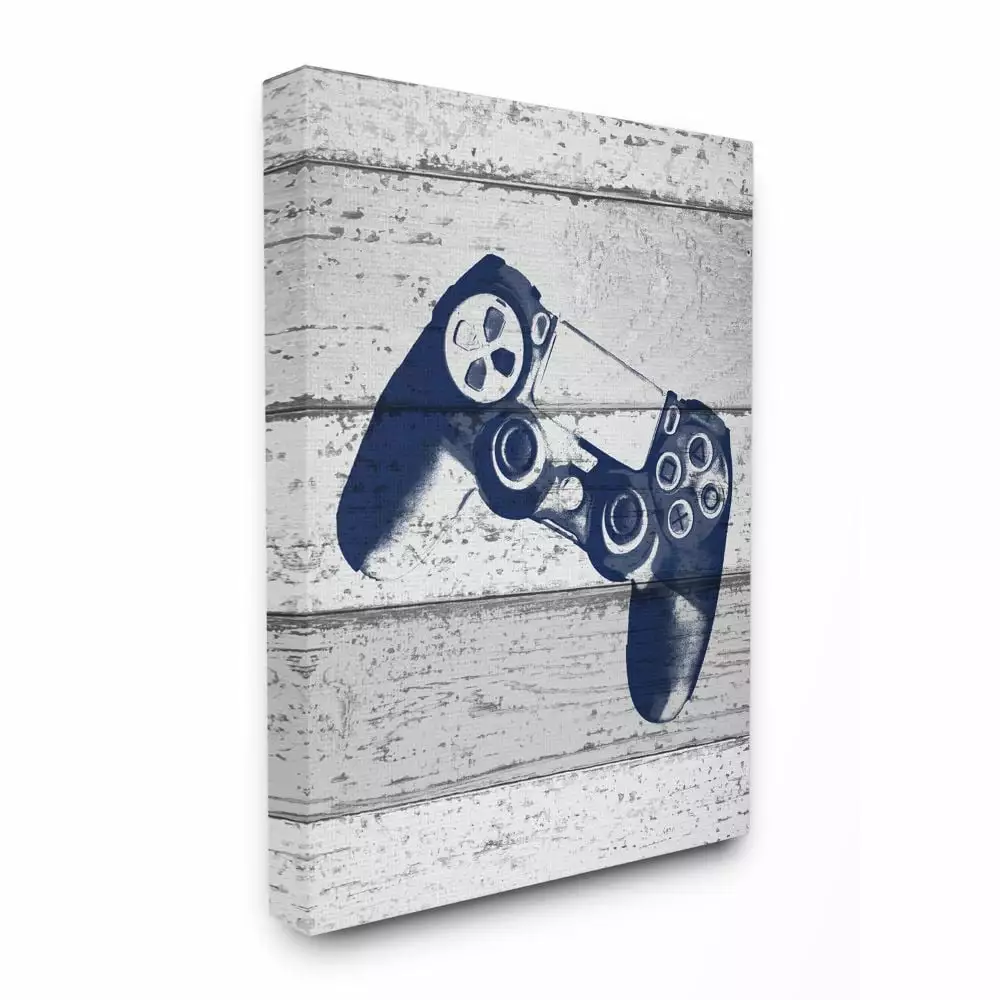 The Kids Room by Stupell Video Game Controller Blue Print on Planks Canvas Wall Art