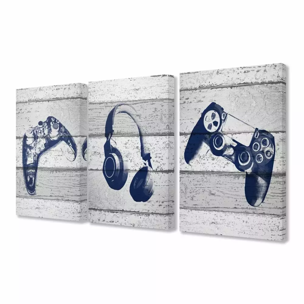 The Kids Room by Stupell Video Gamer Trio Controllers Headset Blue Graphics on Planks Canvas Wall Art