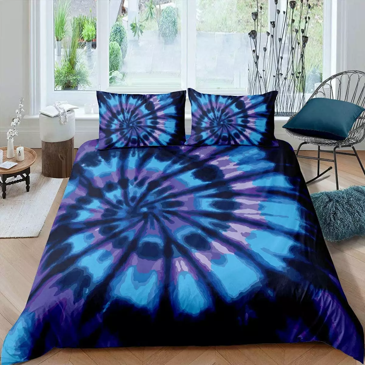 Tie Dye Comforter Cover Set Hippie Spiral Bedding Set Ethnic Boho Duvet Cover Swirl Tie Dyed Pattern Bed Comforter Cover.Bohemian Hippie Bedding Decor Queen Fashion Quilt Cover with 2 Pillowcases