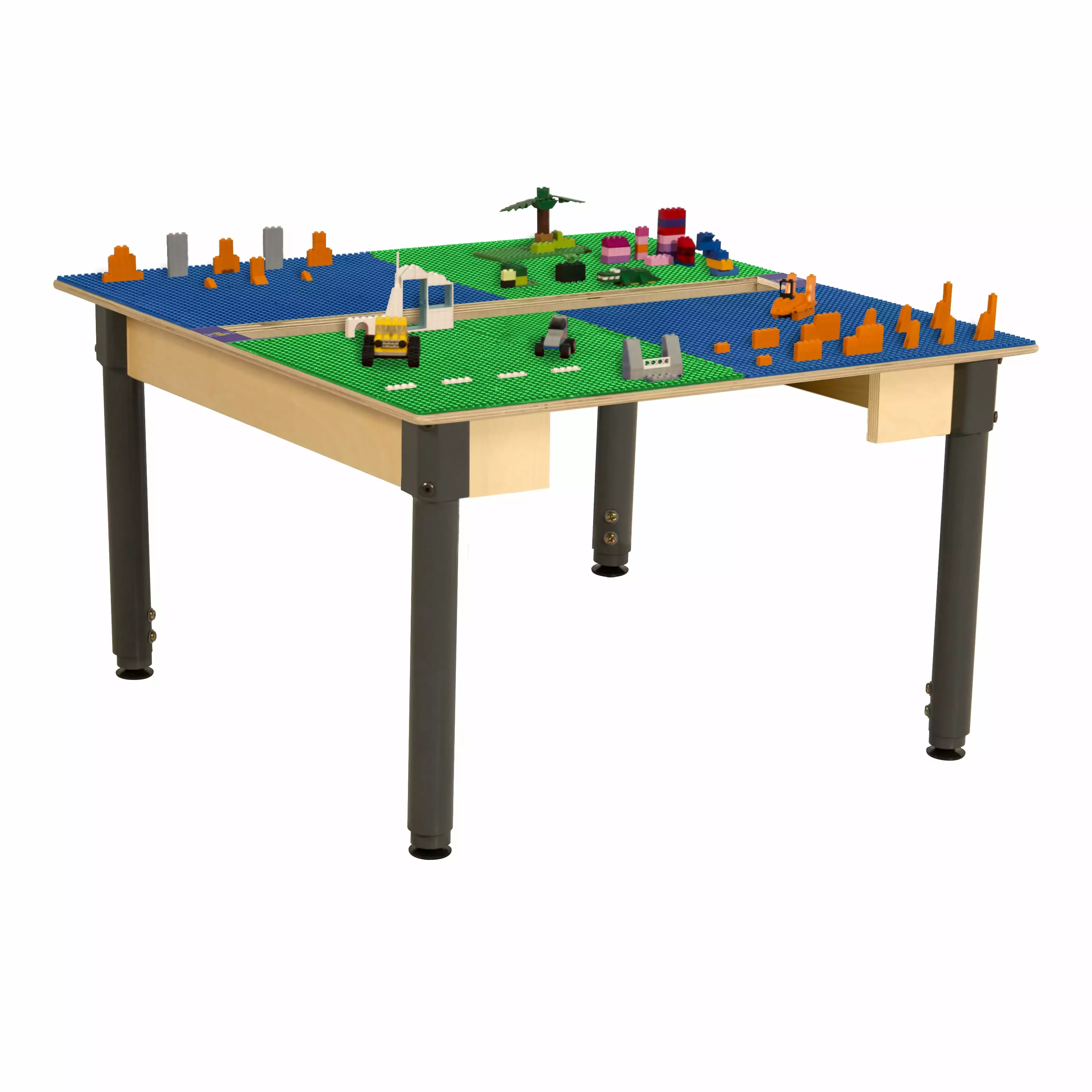 Time-2-Play Kids Birch Plywood Square Lego Compatible Play Table 35W with 18-29 Adjustable Legs. Montessori Building Blocks Desk with Trough [Blue and Green]