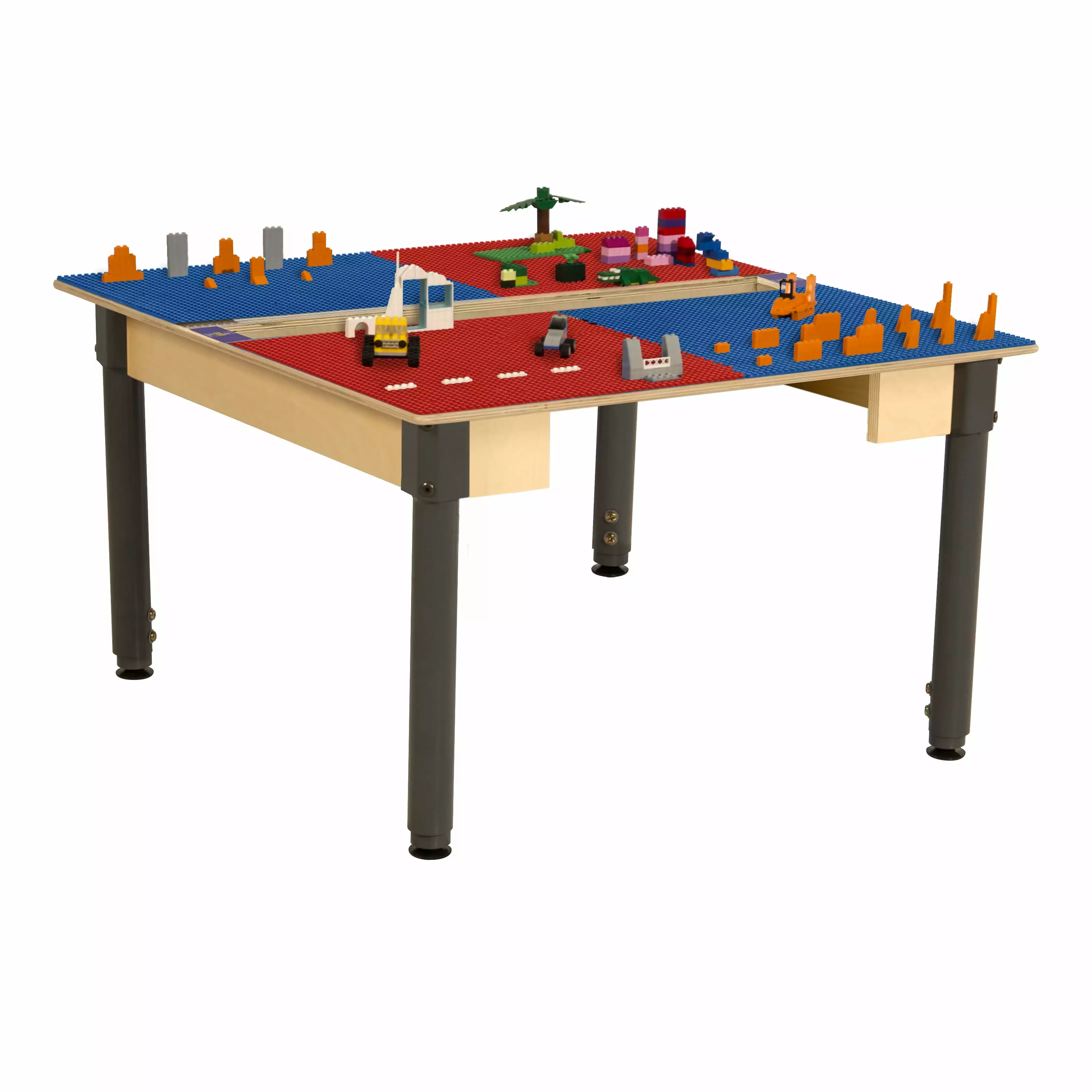 Time-2-Play Kids Birch Plywood Square Lego Compatible Play Table 35W with 18-29 Adjustable Legs. Montessori Building Blocks Desk with Trough [Red and Blue]