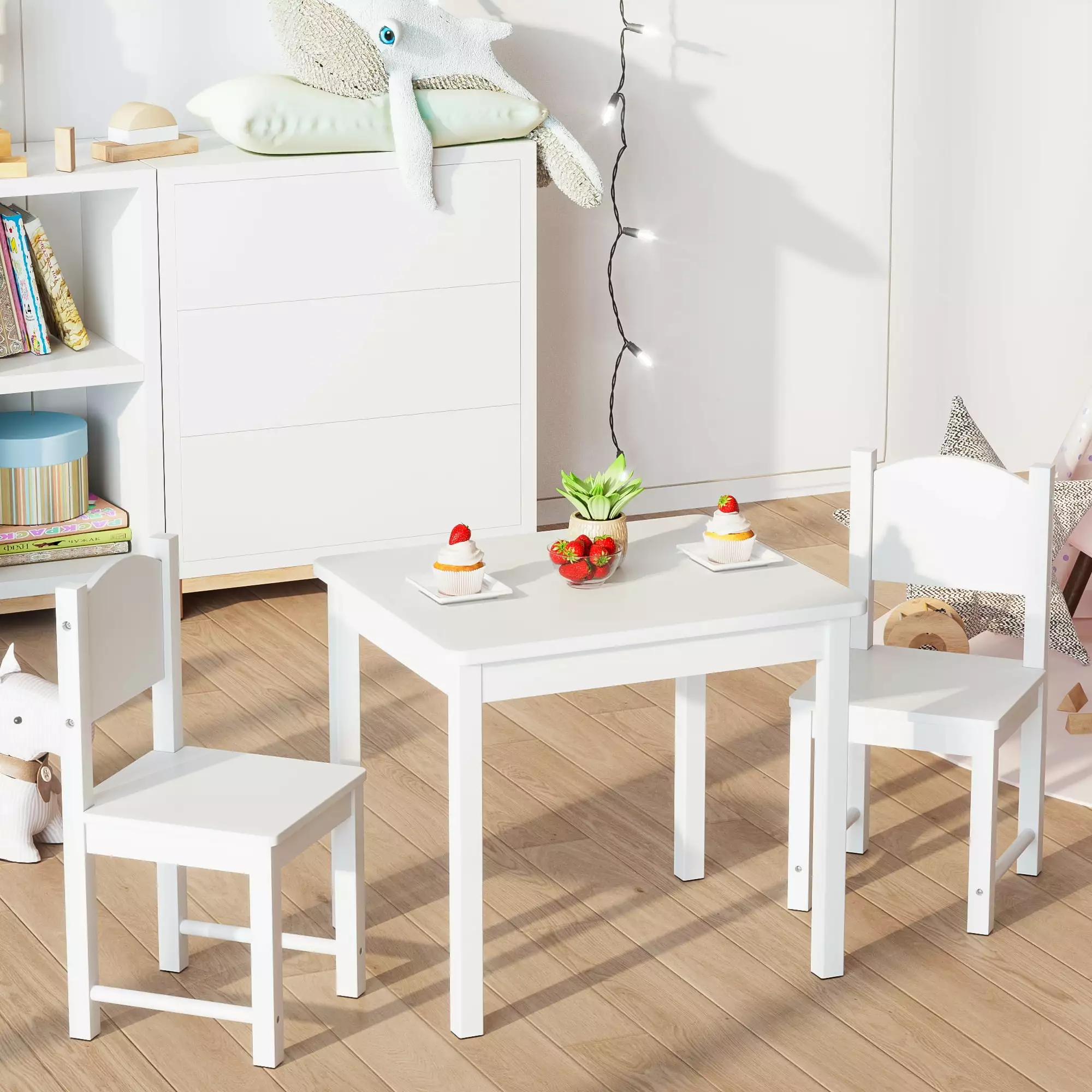 Timy Kids Table and 2 Chairs Set. Solid Hard Wood. White