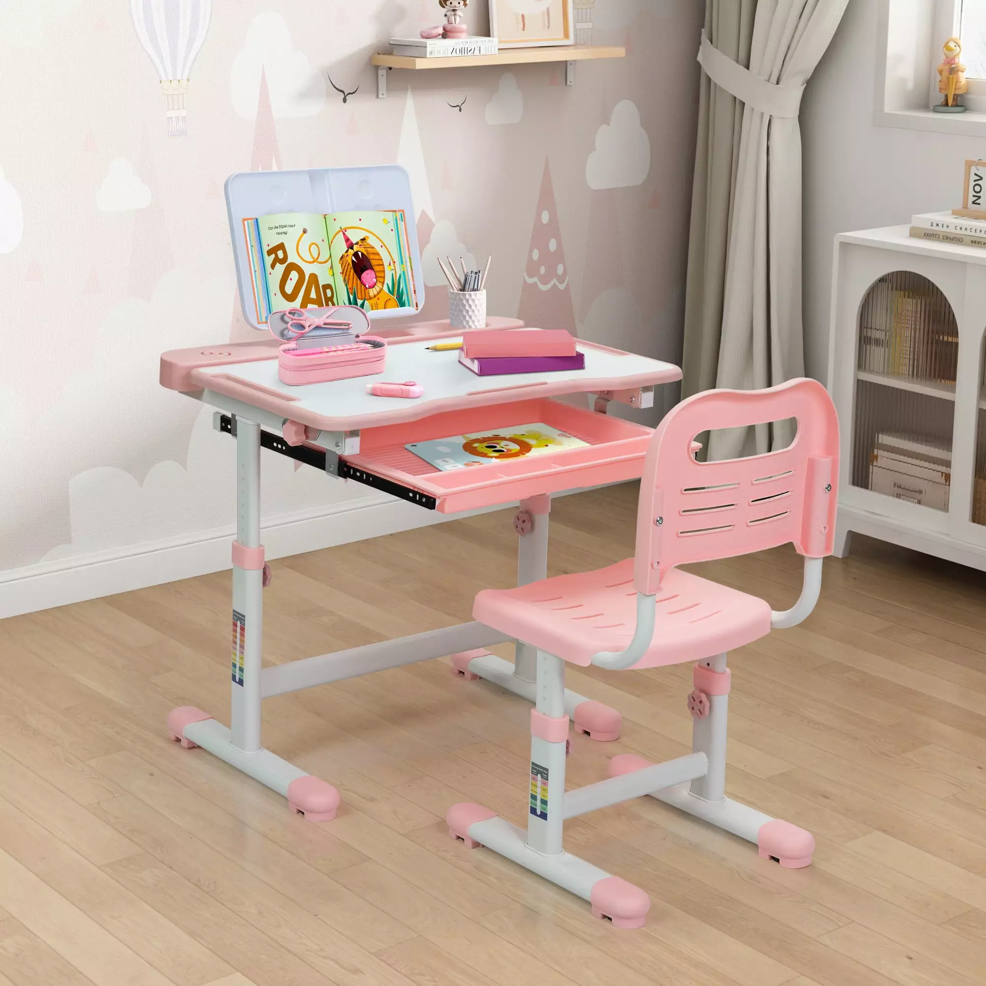 Tobbi 27.5 Kids Desk and Chair Set. Height Adjustable Children's Learning Desk with Tilt Desktop. Pull-Out Drawer. Pink