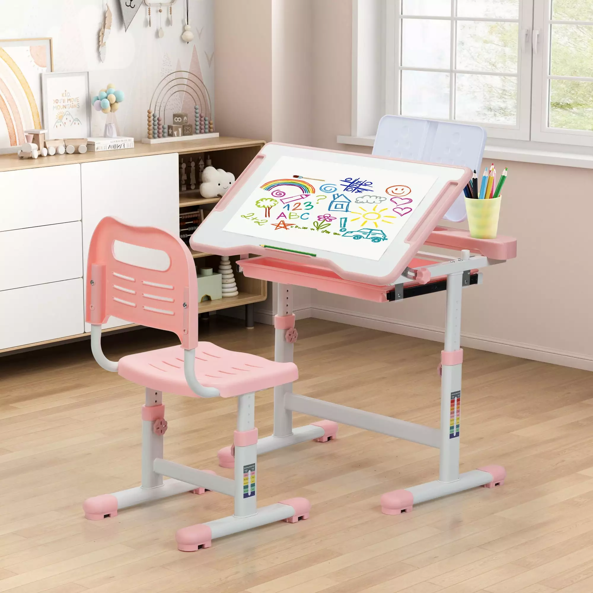 Tobbi Height Adjustable Kids Desk and Chair Set. Children's Multifunctional Study Drawing Desk Chair with Tilt Desktop. Pull-Out Drawer. Book Stand & Backpack Hook