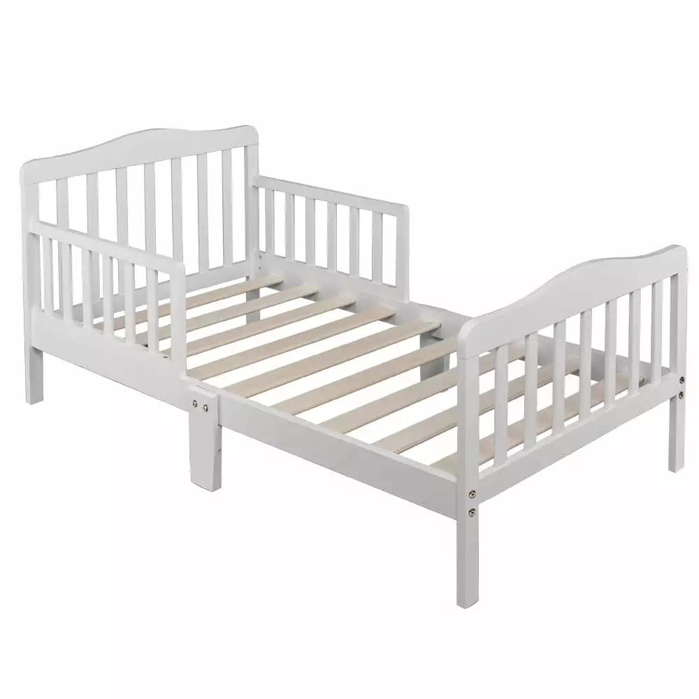 Toddler Bed. Classic Wood Kids Bed Frame w/Double Safety Guardrail. Fits Full Size Crib Mattress.White