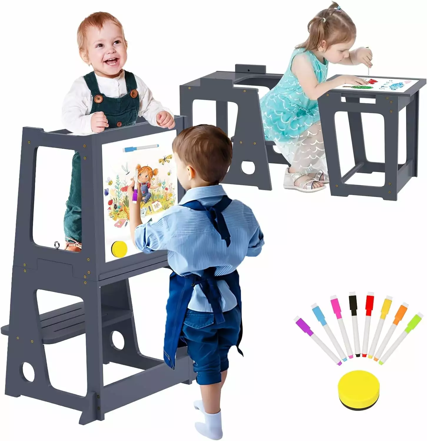 Toddler Learning Tower. Kitchen Toddler Step Stool Standing Tower with Whiteboard 2 in 1 Convertible Table and Chair. Removable Safety Rail. Widened Platforms for Kitchen Counter Bathroom Sink