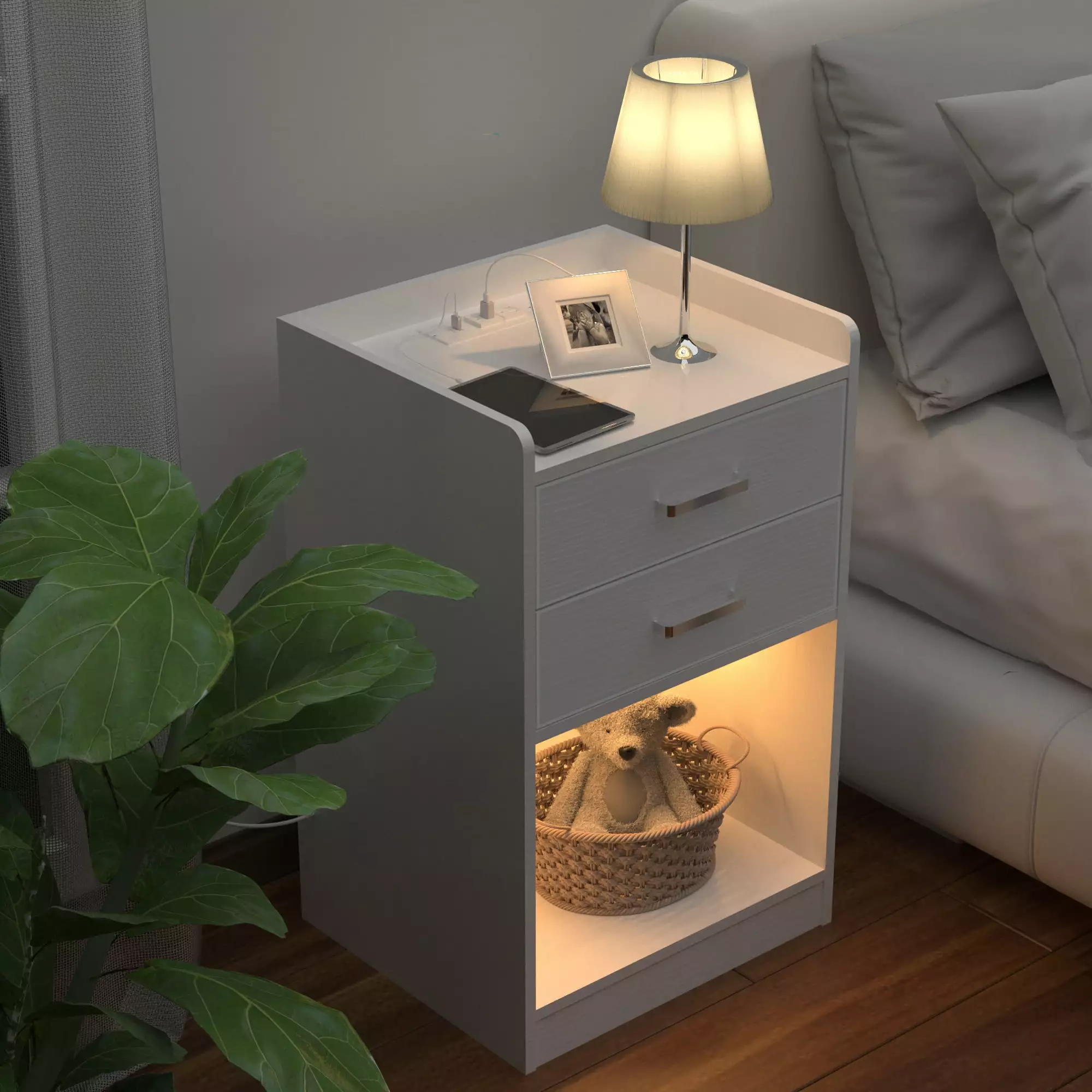 Tolead Nightstand with Charging Station and LED Lights. 2 Drawers. White