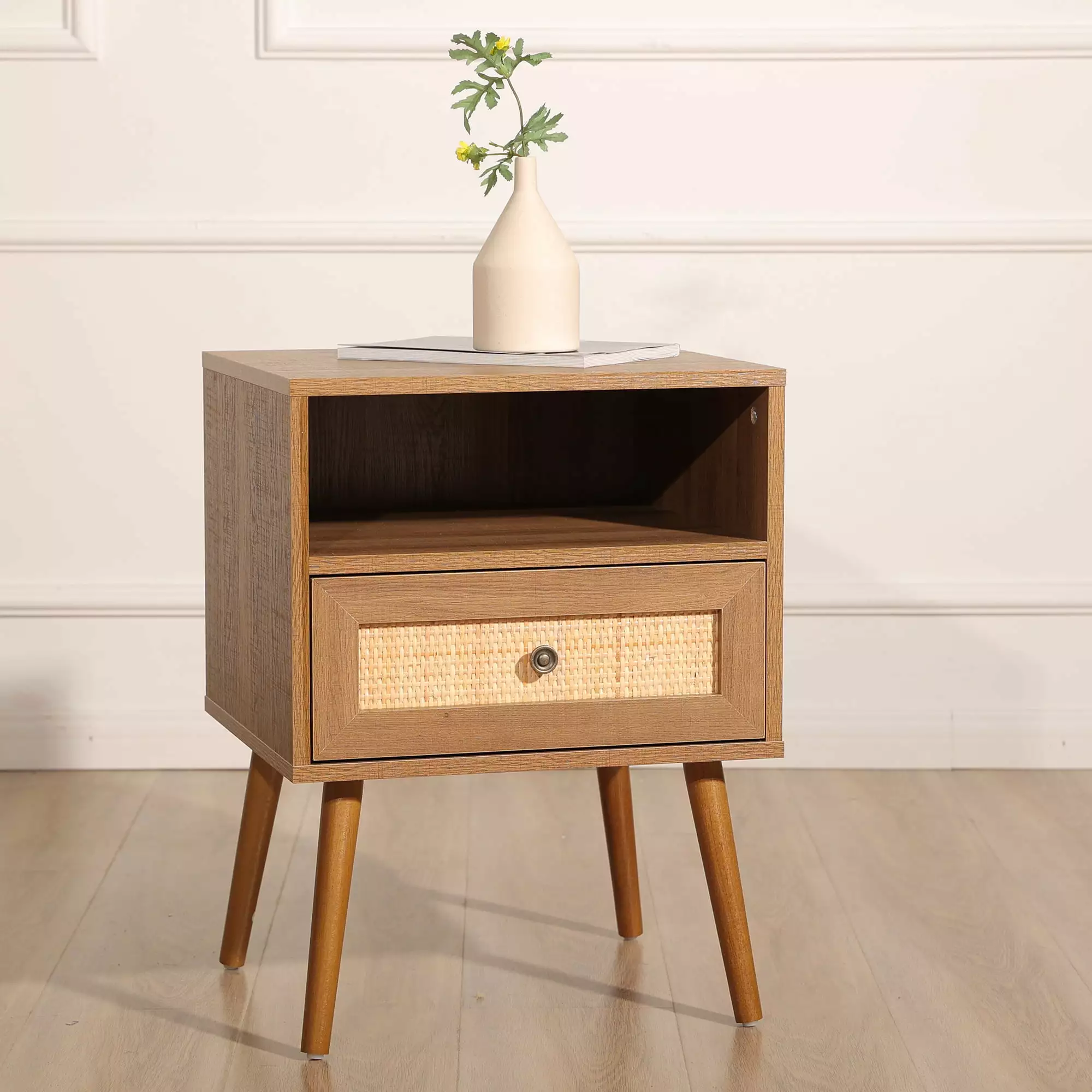 Tolead Rattan Nightstand with Handmade Rattan Decorated Drawer