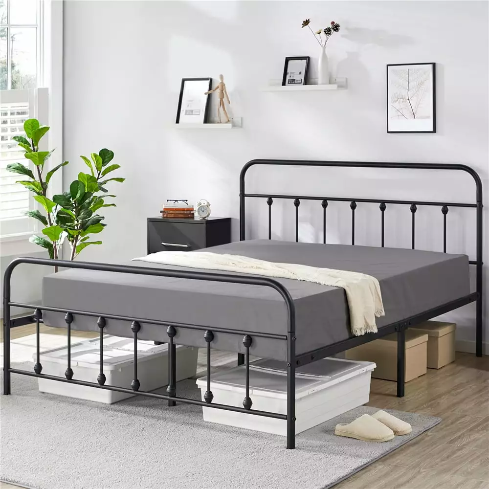 Topeakmart Classic Metal Bed Frame with High Headboard and Footboard. Queen Size. Black