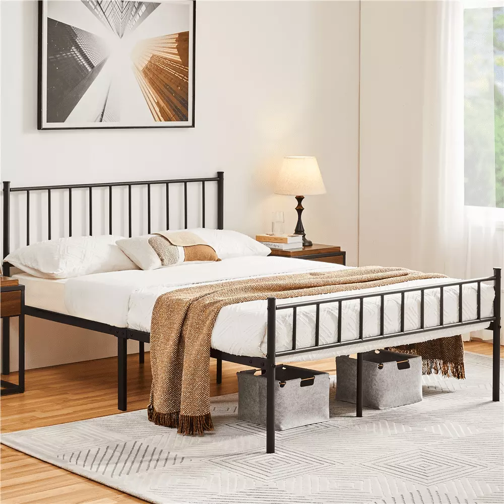 Topeakmart Full Metal Bed with Spindle Headboard and Footboard No Box Spring Needed. Black