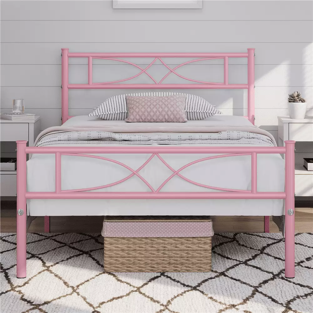 Topeakmart Metal Twin XL Bed Frame with Curved Design Headboard and Footboard. Pink