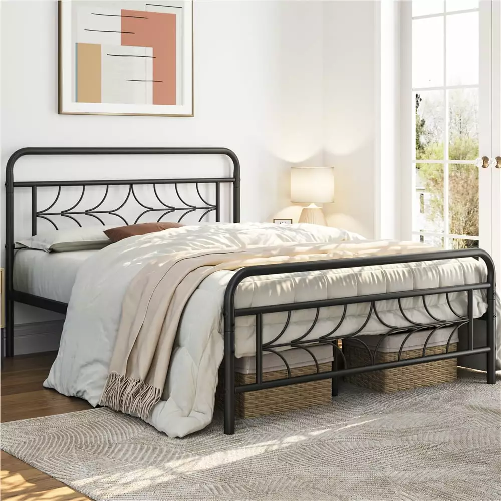 Topeakmart Modern Full Size Metal Bed with Headboard and Footboard. Black